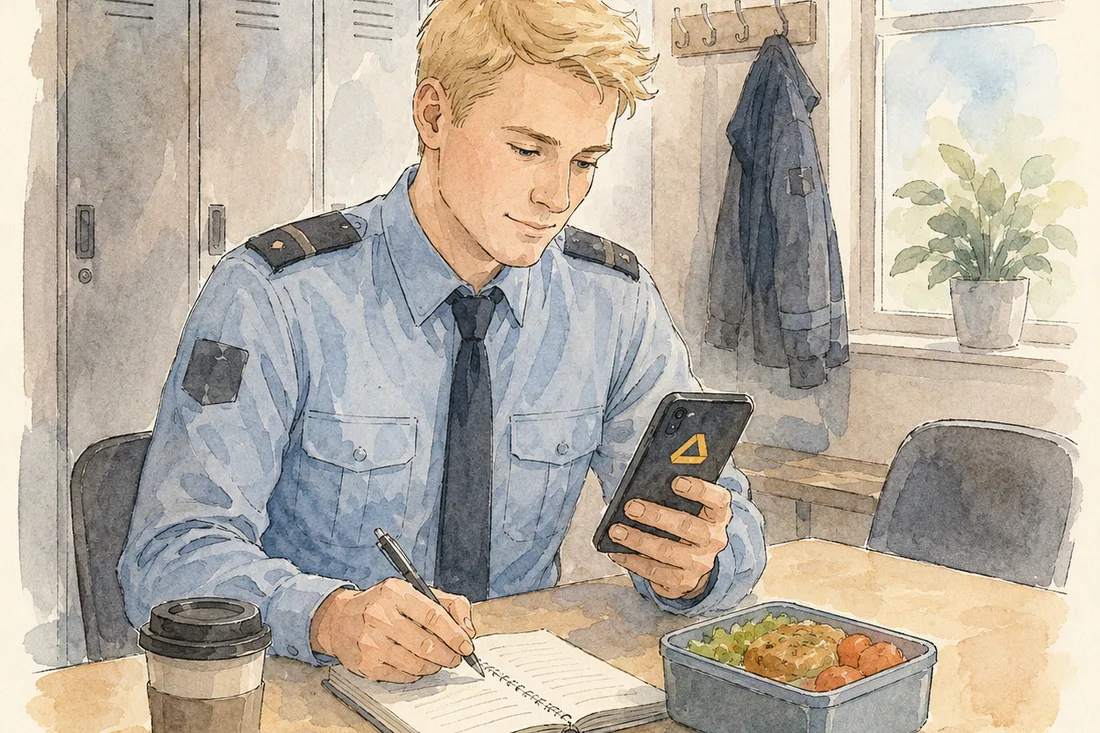 Akvarell av en vekter på nattevakt som skriver rapport ved skrivebordet med samband.