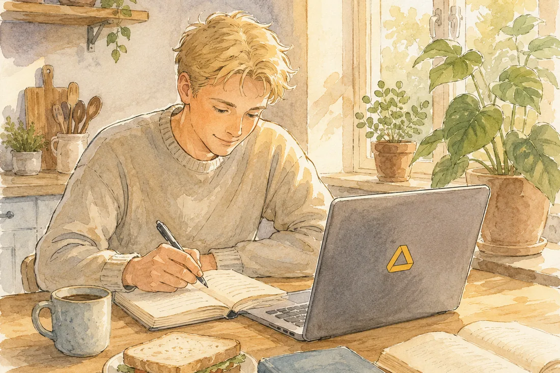Akvarell av en ung mann som vinker utenfor en kafé med laptop under armen.