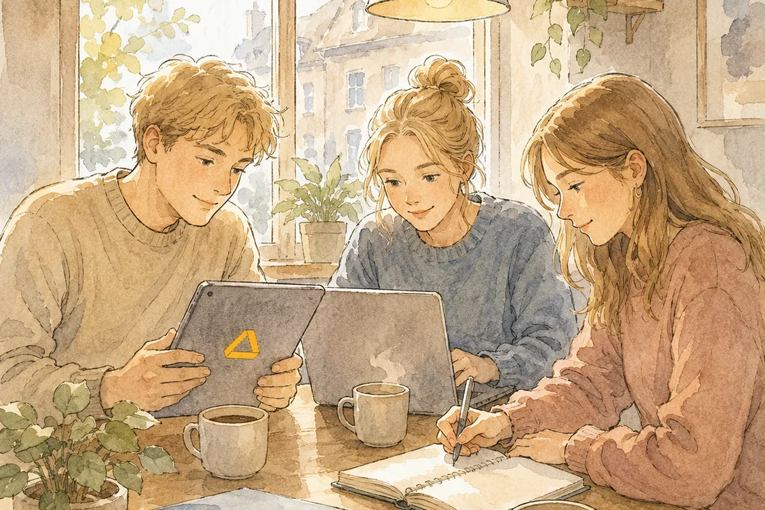 Akvarell av en hånd som skriver i notatbok ved siden av en laptop og en kaffekopp.