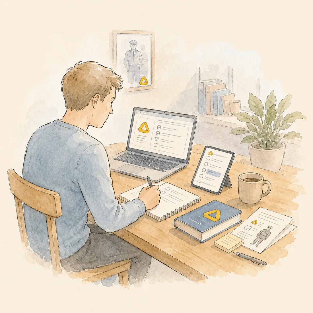 Akvarell-illustrasjon av en person som øver konsentrert ved et skrivebord med PC, nettbrett og bok.