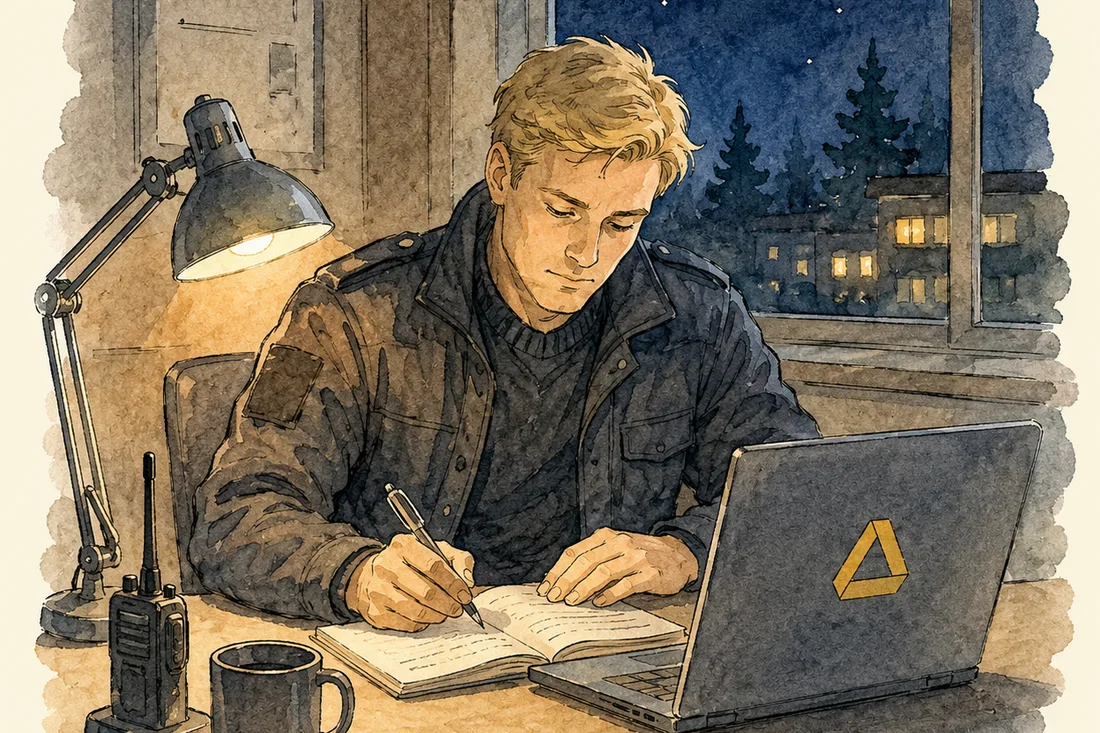 Akvarell av en vekter i uniform som noterer i pausen med telefon og matpakke.